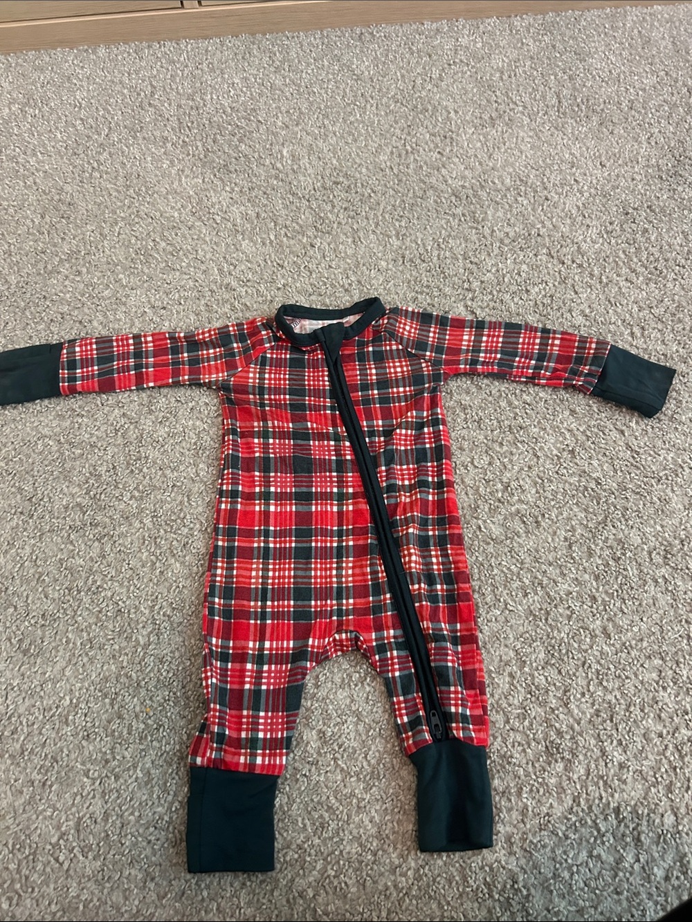 Kids Red Plaid One-Piece Pajamas with Black Trim